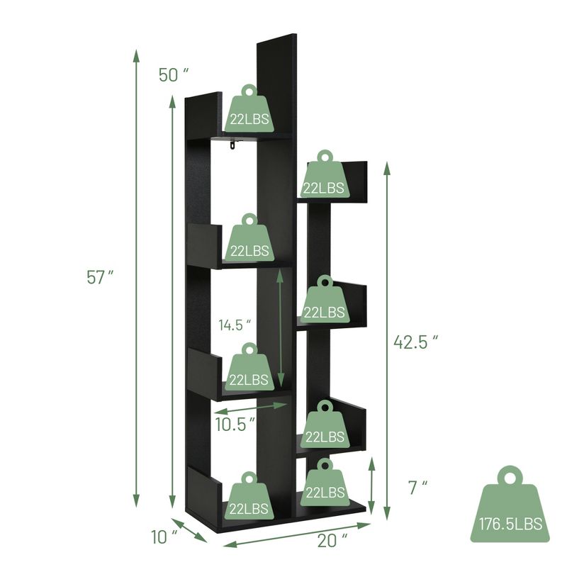 Costway 8-Shelf Bookcase Modern Tree Bookshelf Storage Decor Freestanding White/Black, 3 of 11