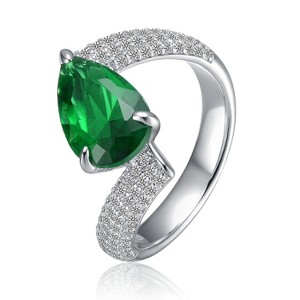 Guili White Gold Plated Bypass Ring with Emerald Green Pear Cubic Zirconia and Accents – A Modern Classic of Timeless Elegance. - 1 of 4