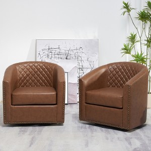 KINWELL 29" Wide Tufted PU Leather Swivel Barrel Chair (Set of 2) - 1 of 4