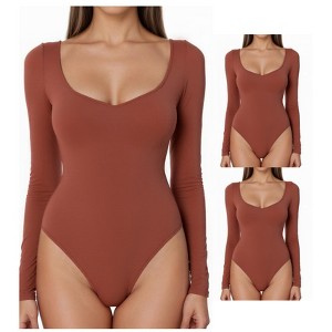 INSPIRE CHIC Women's Bodysuit Long Sleeve Regular Fit V Neck Tummy Control Brief Shapewear 3 Packs - 1 of 4