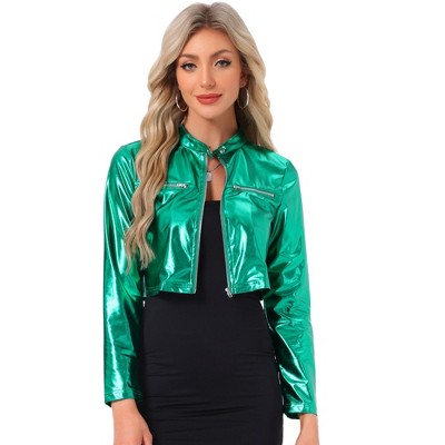 Allegra K Women's Stand Collar Metallic Zipper Cropped Party Club Long Sleeve Jackets