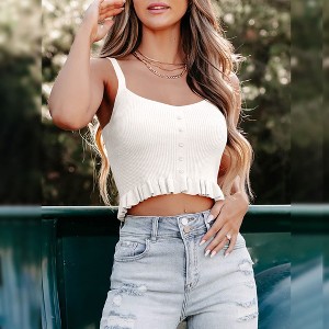 Womens Ruffle Hem Knit Camisole Tank Tops with Front Button V Neck and Cropped Design,White - M - 1 of 4