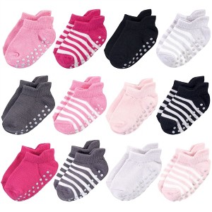 Touched by Nature Baby and Toddler Girl Organic Cotton Socks with Non-Skid Gripper for Fall Resistance, Pink Black - 1 of 4