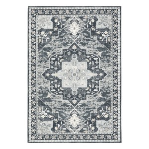 Washable Vintage Medallion Rug Non Slip Low Pile Rug Soft Throw Floor Cover Foldable Indoor Carpet for Living Room Bedroom,Black/5'x7' - 1 of 4