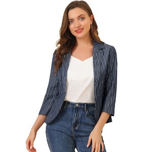 Allegra K Women's Striped 3/4 Sleeves Open Front Casual Notched Lapel Blazer - 1 of 4
