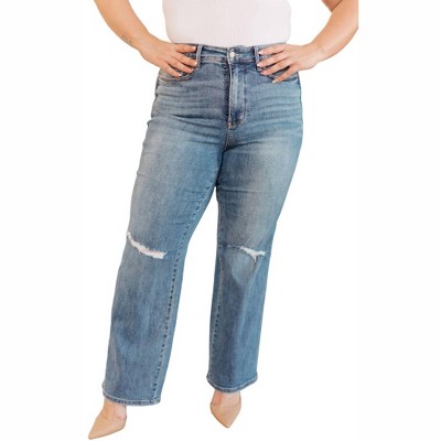 Women's High Rise Control Top Distressed Straight Jeans - Judy Blue