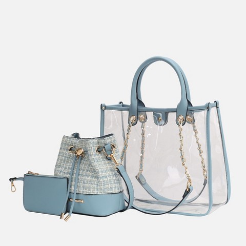 MKF Collection Diva PVC Clear Tote Bag with Tweed Bucket Bag by Mia K- Denim