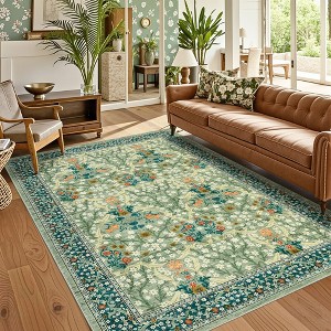 Washable Floral Print Botanical Rug Non Slip Low Pile Rug Soft Floor Cover Foldable Indoor Carpet for Living Room Bedroom Home Office - 1 of 4
