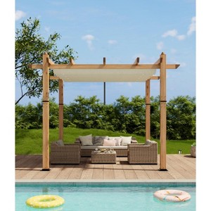 Wood Grain Aluminum Pergola Outdoor Pergola with Retractable Canopy Sun Shade Shelter - 1 of 4