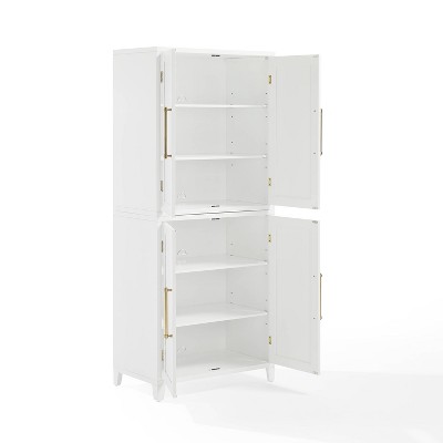 White Recessed Panel Kitchen Pantry Storage Cabinet with Gold Hardware
