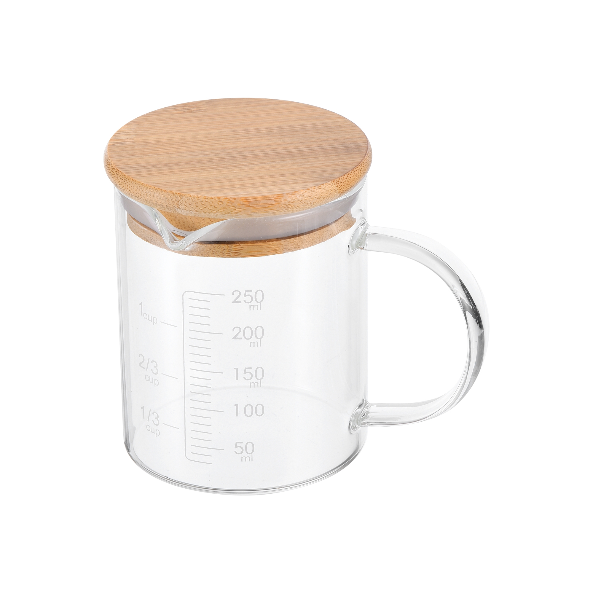 Unique Bargains 3.3 Borosilicate Glass Wood Lid V-shaped Spout Scale Measuring Cup 250ml White