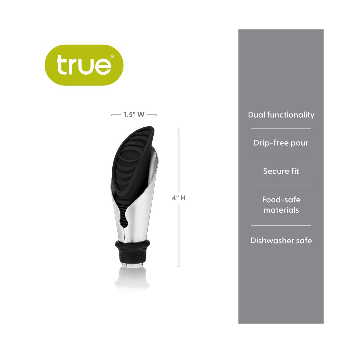 True Duo Black Bottle Stopper and Pourer, Drip-Free Silicone & Stainless Steel Pour Spout for Standard Wine Bottles, Wedding, Home Bar Gifts, Set of 1 - thumbnail 3