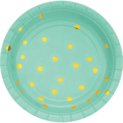 Fresh Mint Green and Gold Foil Dot 7" Dessert Plates - 8ct