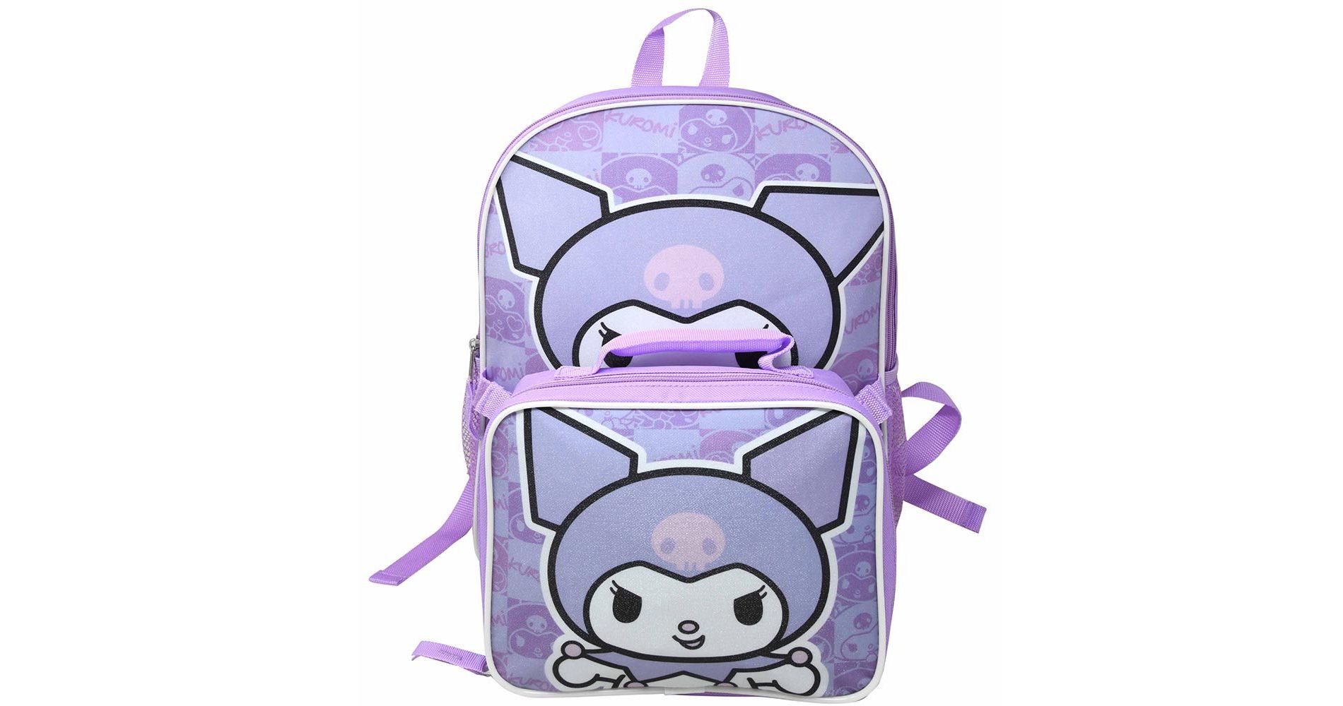 Hello Kitty Kuromi 16" Purple School Backpack and Rectangular Lunch Bag Attached