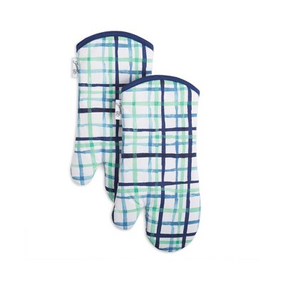 2pk Cotton Printed Watercolor Plaid Oven Mitts Blue/White - Fiesta