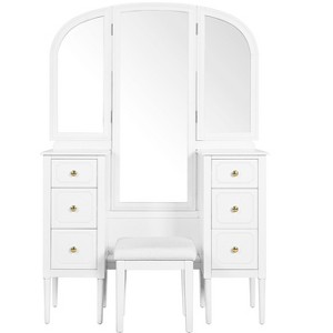 Gulches Antique Makeup Vanity Desk - Triple Mirror, 6 Drawers,Full-Length View, Upholstered Stool,Dressing Table Set for Bedroom/Dressing Room,White - 1 of 4