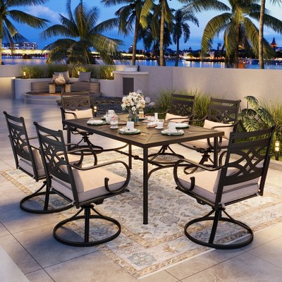 Captiva Designs 7pc Patio Dining Black Rectangular Table with Umbrella Hole & Metal Chairs with Seat Cushions and Waist Pillows