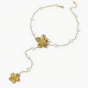 Anna-Kaci Women's Floral Pearl Drop Necklace with Dual Flower Pendant and Textured Chain Design - Gold - 1 of 4