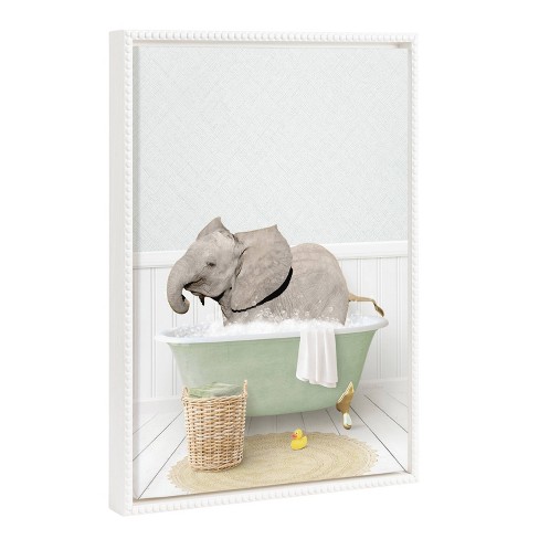 18"x24" Sylvie Beaded Baby Elephant Side in Cottage Bath Framed Canvas by Amy Peterson White - Kate & Laurel All Things Decor - image 1 of 4