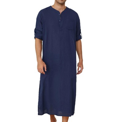 Men's V-Neck Linen Robe Short Sleeve Kaftan Thobe Long Gown Casual Shirt for Beach, Summer