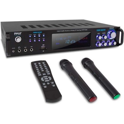 Pyle PWMA1003BT Bluetooth Home Theater Hybrid Amplifier Receiver System - 1000W, Includes 2 Wireless Microphones, MP3/USB/SD/AUX, AM/FM Radio