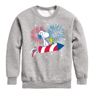 Boys' - Peanuts - Snoopy And Woodstock Fireworks Graphic Long Sleeve Fleece Sweatshirt - 1 of 4
