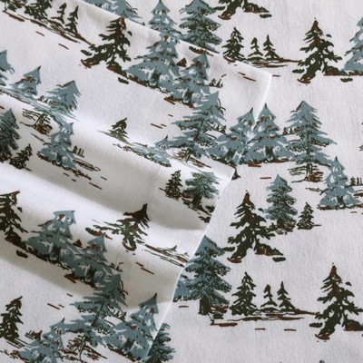 Twin Green Cotton Flannel Sheet Set with Snowy Pine Trees Print