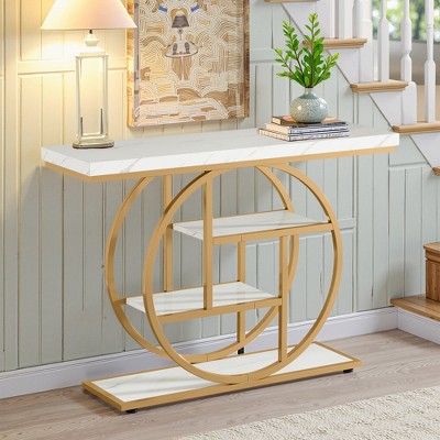 Lirago 41.3" Industrial Console Table 4 Tier Storage Shelf with Circle Base Rustic Brown Entryway Sofa Table for Living Room Hallway