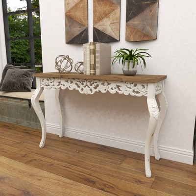 Elegant Farmhouse 46" White and Brown Wood Carved Console Table