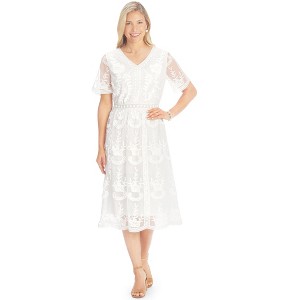 Collections Etc Elegant V-Neck Embroidered Dress with Sheer Short Sleeves - 1 of 4