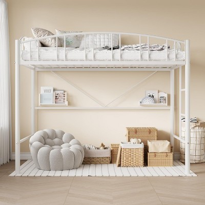 Loft Bed/Bunk Bed Twin Size with Ladde and Arched Guardrail, Heavy Duty Metal Bed Frame for Kids and Adults, Small Space Saving Design