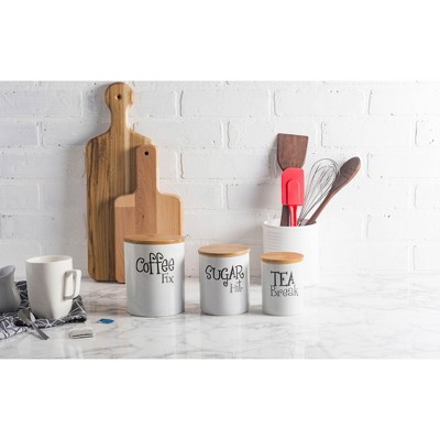 White Ceramic Honeycomb Canister Set with Bamboo Lids, 3 Piece