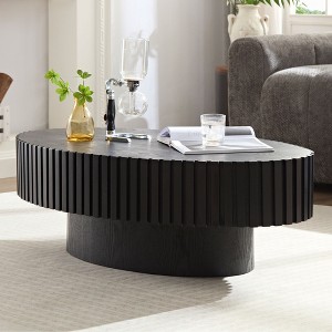 43.7" Oval MDF Coffee Table with Drum Pedestal, Handcrafted Natural Ash Grain Top, Modern Small Living Room Centerpiece - 1 of 4