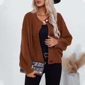 Women's Round Neck Long Sleeve Button Down Cardigan Sweater Casual Knit Tops - 1 of 4