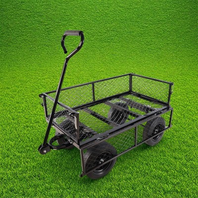 FURNIinspire Wheelbarrows And Lawn Carts Solid Wheels Tools Cart Wagon Cart, Metal Lawn Cart For Picnic, Shopping, Black, 37“*19"*45"