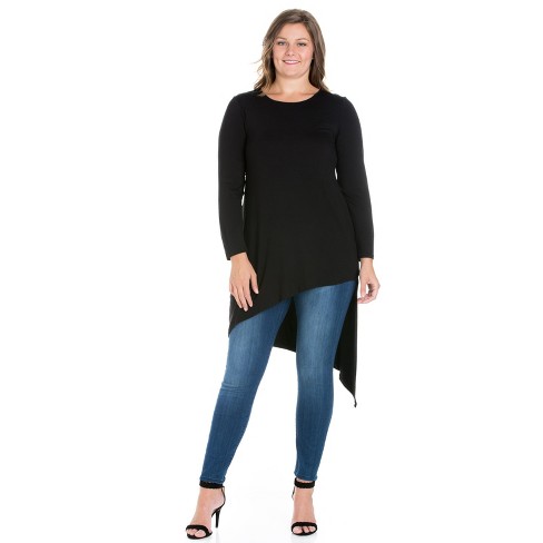 Long Sleeve Knee Length Asymmetrical Plus Size Tunic Top-black-3x