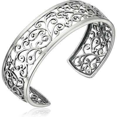 Sterling Silver Filigree Open Cuff Bracelet, Elegant Intricate Design Jewelry for Women