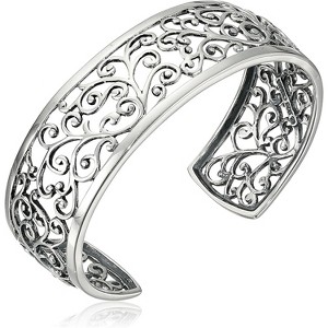 Sterling Silver Filigree Open Cuff Bracelet, Elegant Intricate Design Jewelry for Women - 1 of 3
