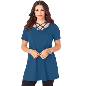 Roaman's Women's Plus Size Ultimate Lattice Neck Short Sleeve Tunic - 1 of 4