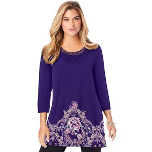 Roaman's Women's Plus Size Ultra Drape V Neck Lace Print Tee - 1 of 4