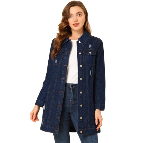 Allegra K Women's Distressed Long Sleeve Ripped Casual Denim Jacket Dark  Blue X-small : Target