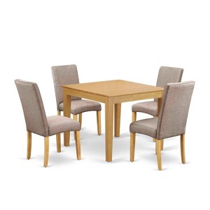 Country Cottage Dining Set - 5Pc Square Table & 4 Chairs - Linen Fabric - Oak Finish - 1 of 4