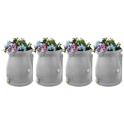 Good Ideas Rain Wizard 50 Gallon Rain Saver Barrel Water Storage Urn with Planter Space and 2 Brass Spigots, Light Granite (4 Pack)