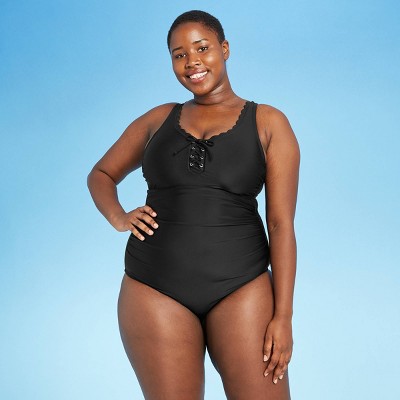 Women's Plus Size Grommet Scallop One Piece Swimsuit - Kona Sol™ Black 26W