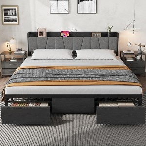 Full to King Platform Bed Frame with Storage Headboard, 2 Drawers, and Charging Station, Industrial Bed Frame, No Box Spring Needed - 1 of 4