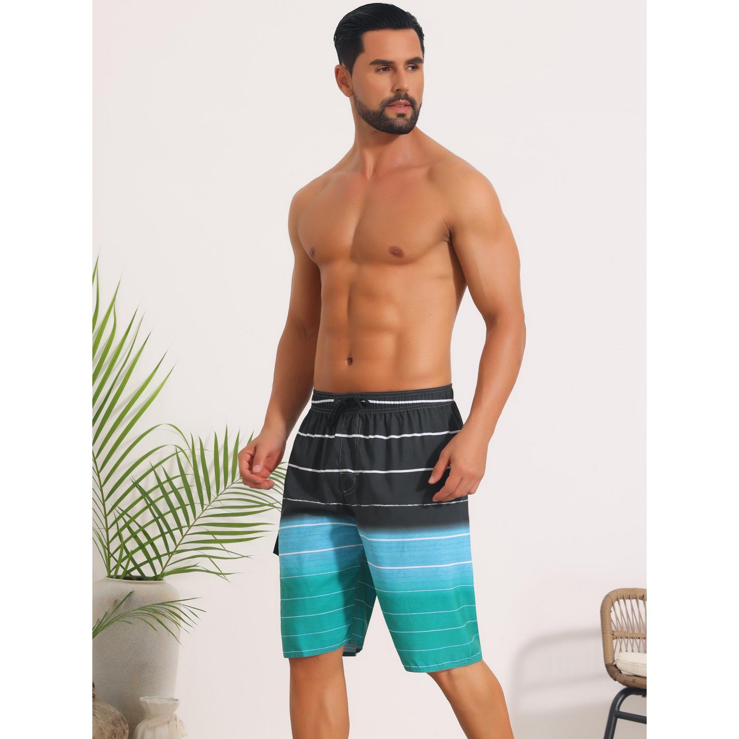 Мужские шорты INSPIRE CHIC Striped Drawstring Waist Vacation Long Board Shorts with Pockets 30 Black Green, цвет: Полосатый — фото 2