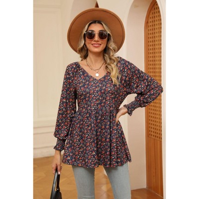 Women's Tops Fall Puff Long Sleeve Blouses Casual V-Neck Loose T-Shirts