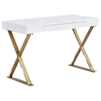 Modern Stainless Steel Frame Computer Desk - Gold High Gloss - Best Master Furniture