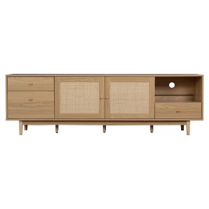 Gulches Natural Wood TV Stand Entertainment Center Fits TVs up to 85 in with Real Rattan Doors 3 Drawers Open Shelf Solid Pine Legs - 1 of 4