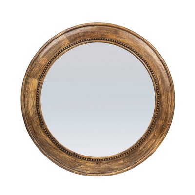 Walnut Round Carved Wood Framed Wall Mirror with Hobnail Detail